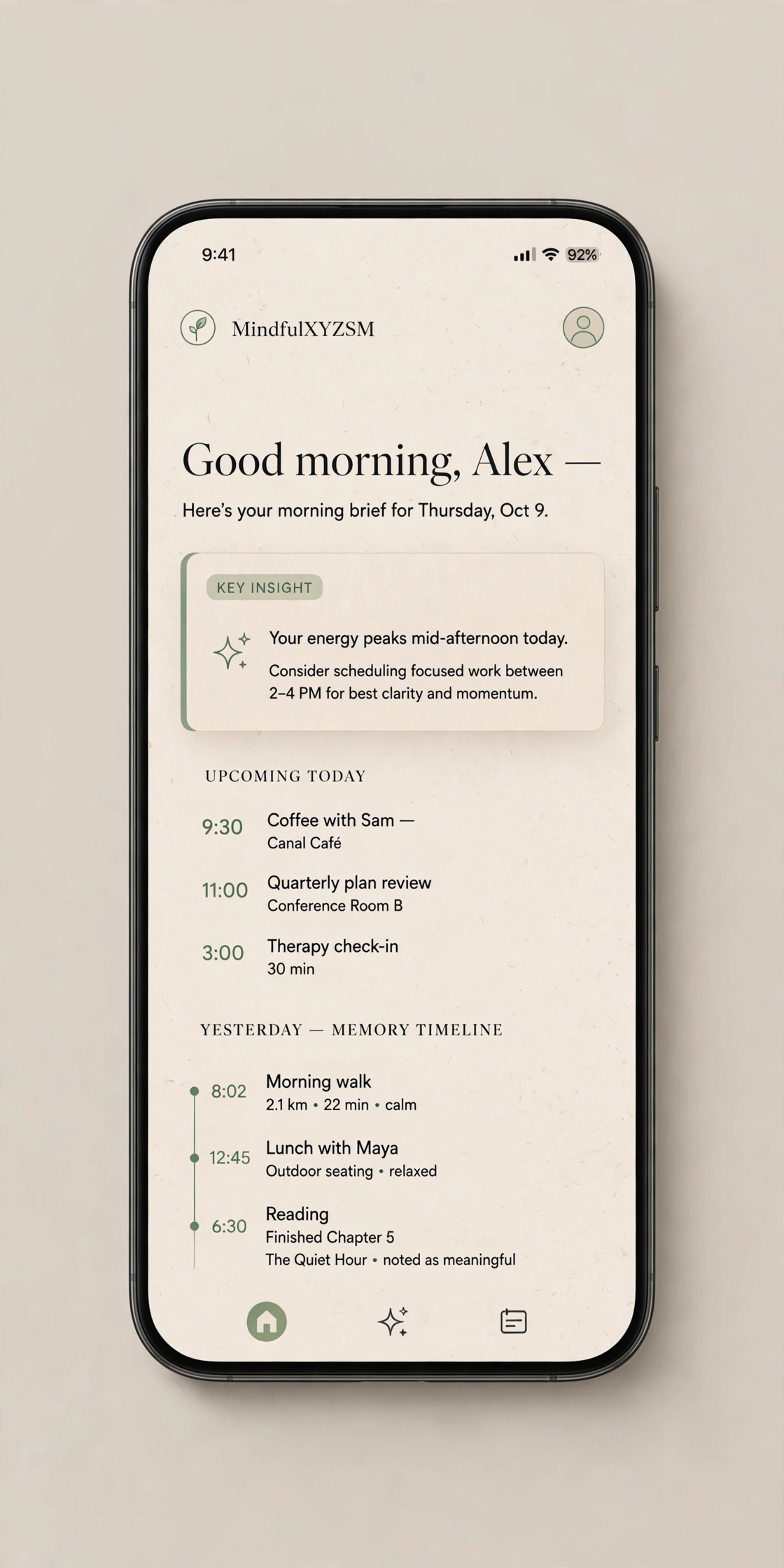 Companion app UI exploration — morning brief with key insight, schedule and memory timeline