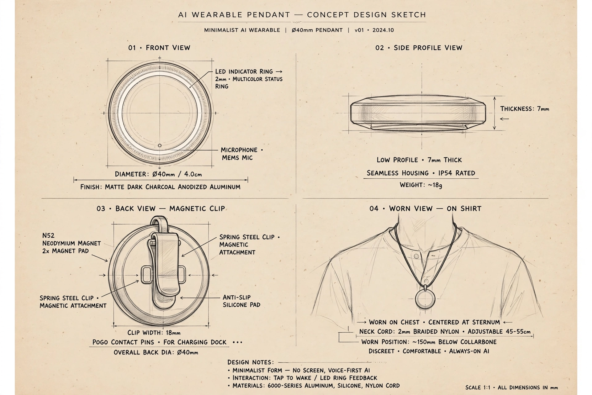 Pendant industrial design concept v0.1 — front, side, back and worn views with dimensions